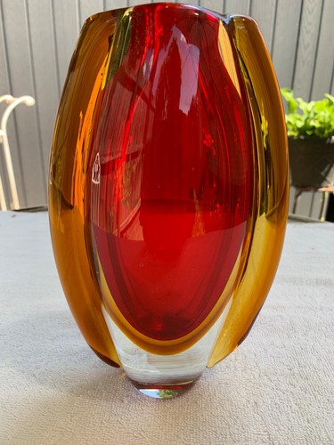 Venetian Glass Sommerso Vase Red Amber Murano Heavy Blown Glass Vase 8.5"