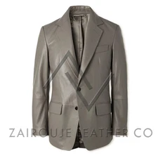 Gray Leather Blazer Men, Genuine Leather Sport Coat, Classic Notch Lapel Jacket