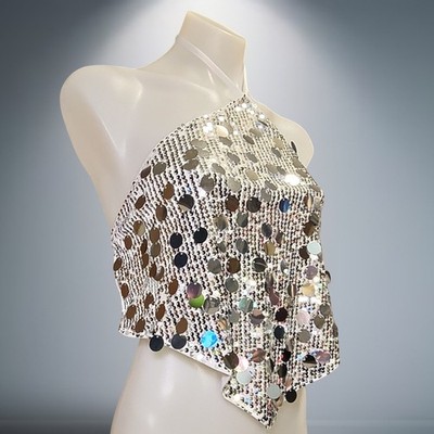 Silver & White Sequin Halter Y2k 90s Rave Tie Bandana Top sz M Lined Party Dance