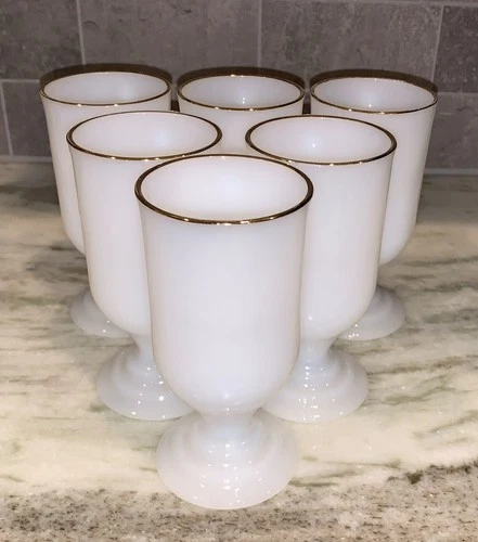 Set of 6 Vintage Federal Milk Glass Pedestal Mugs Goblet Chalice w/ Gold Rim