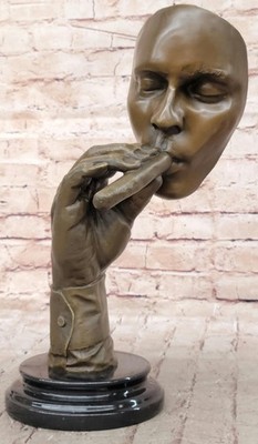 Art Deco Sculpture Man Smoking Cigar Creative Face Bronze Statue Signed Decor