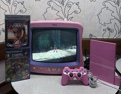 Sony PlayStation 2 PS2 Slim Pink Edition Spielkonsole Pinke TV Fernseher Disnep 