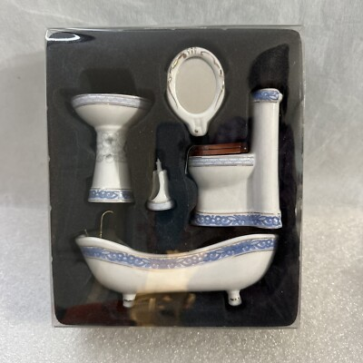 #ad Mini Dollhouse Bathroom Set 5 pieces Porcelain White Blue trim $39.75