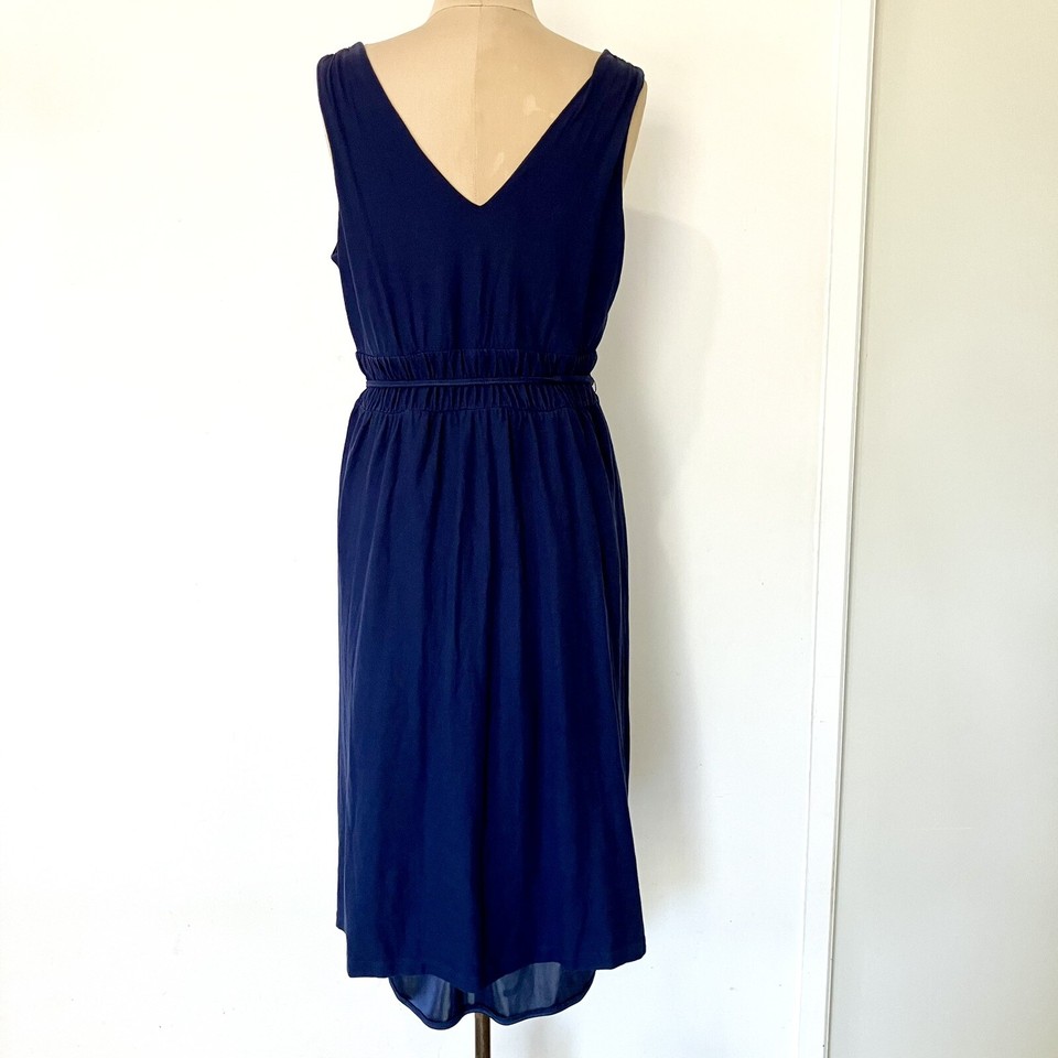 Brown Sugar A-Line Midi Dress Sleeveless Sz 10 Navy Stretch Elastic Waist V Neck