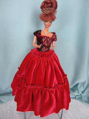 OOAK Barbie Dress Designer Emma Red Velvet Dark Red & Silver Bodive  Updo & Doll
