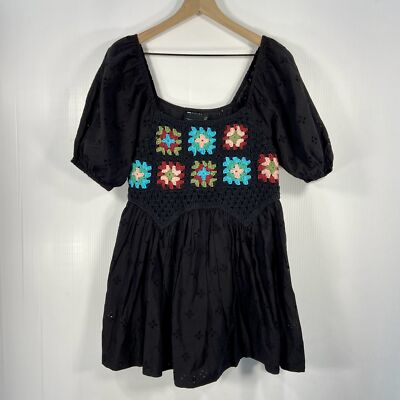 Asos Black Mini Dress Granny Square Crochet Bodice Puff Sleeve Womens 0 NWT