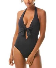 Vince Camuto L141041 Womens Black Plunging Tie-Front Halter Swimsuit Size 12