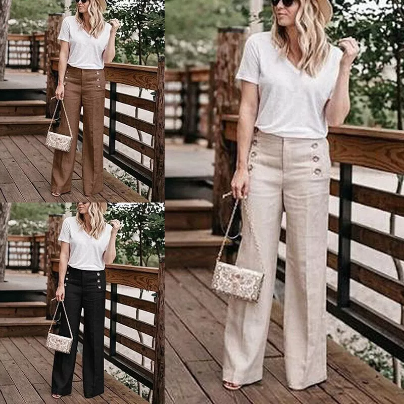 Womens High Waist Wide Leg Pants Ladies Casual Slacks Button