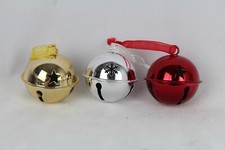 Set of Three Jingle Bell Christmas Ornaments, Silver, Red, Gold
