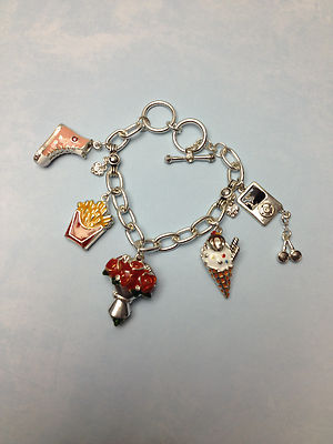 SILVER CHARM BRACELET TOGGLE LOCK  ROSES FRIES ICE CREAM IPOD BOOTS HEARTS THEME