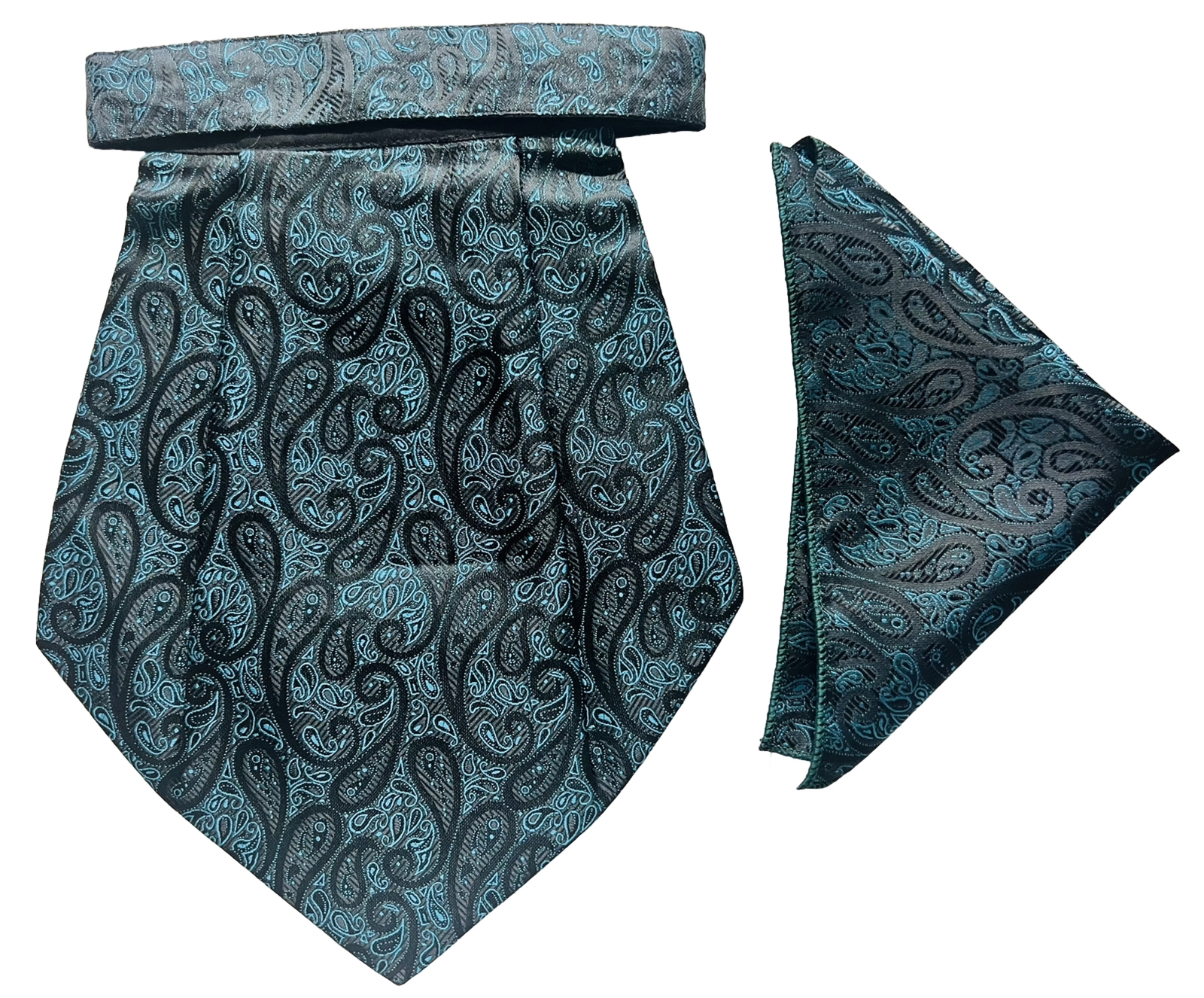 Teal Black Men Silk Cravat Pocket Square Scarf Ascot Tie Pre Stitched for Parties-image