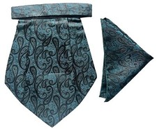 Teal black Men Silk Cravat POCKET SQUARE Scarf Ascot Tie PARTY-PRE STITCHED