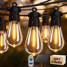 66FT Solar Outdoor String Lights with 27 LED Bulbs, IP65 Waterproof, Remote C...