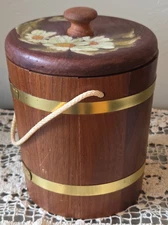 Vintage Mini Firkin Lidded Bucket/Ice Bucket Wood Banded Pail Rope Handle 5.5"