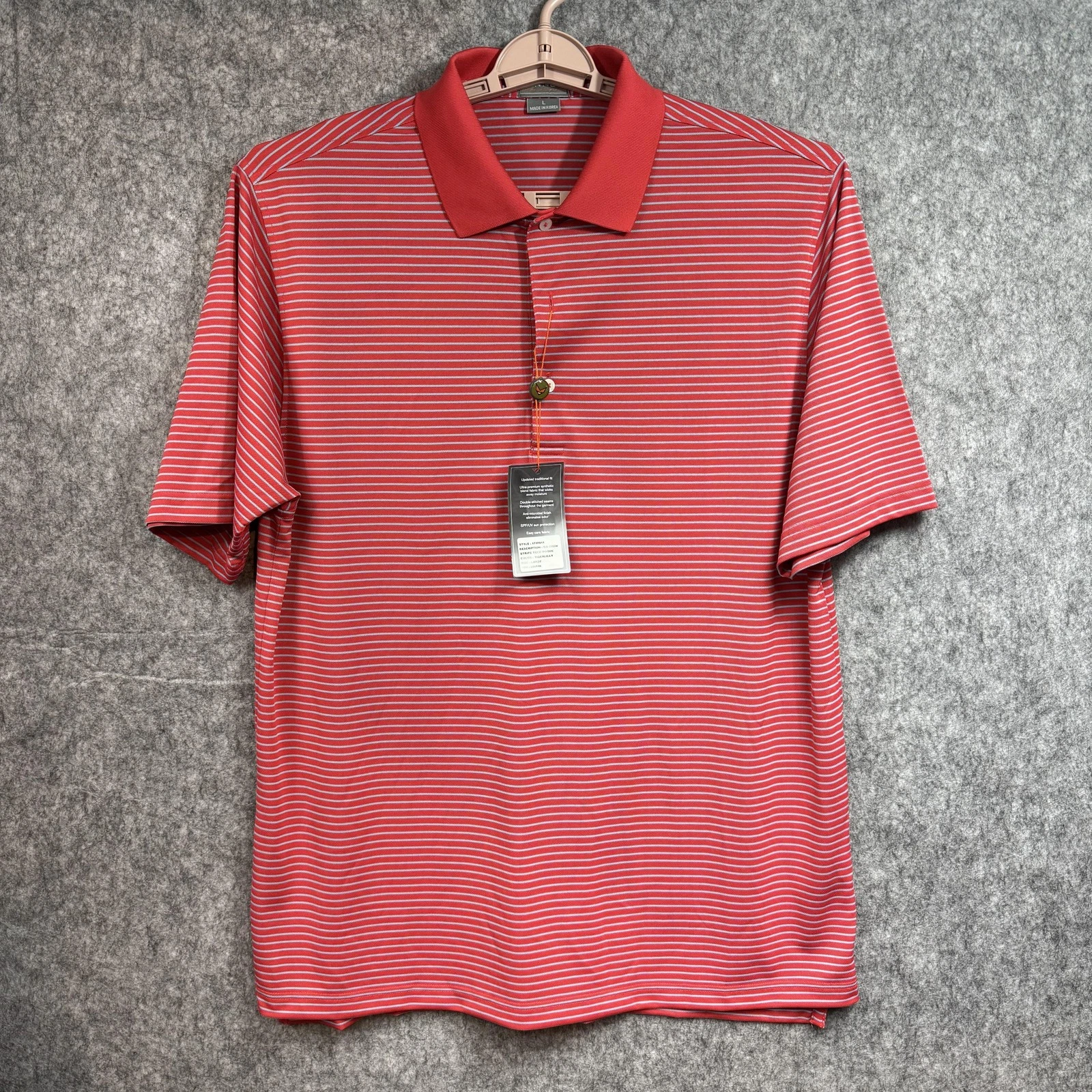 Fennec Polo Shirt Mens Large Tigerlilly Stripe Tech Pique Golf Performance