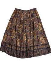 Herman Geist Navy Gold Rust Paisley Floral Pleated Rayon Skirt Size 16 Vintage