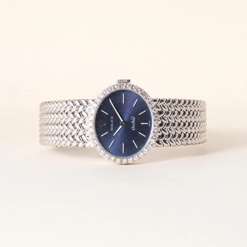 Vintage Rolex Orchid ladies Blue Face Diamond Cocktail Watch 18K Gold