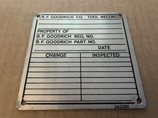 Vintage B.F. GOODRICH Tire Co Aluminum Metal Sign Tag TOOL RECORD Akron OH #12