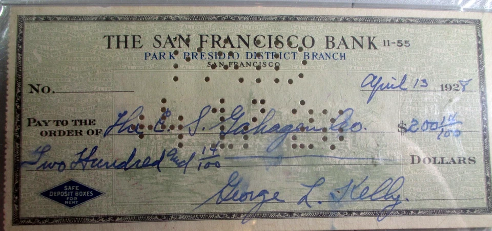 George "High Pockets" Kelly / Cheque bancário pessoal assinado 1928 / PSA/DNA lajeado - Imagem 2 de 4