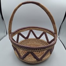 African Basket Coil Woven Open Weave Handle Hausa Style Afrohemian 13"x14" Vtg