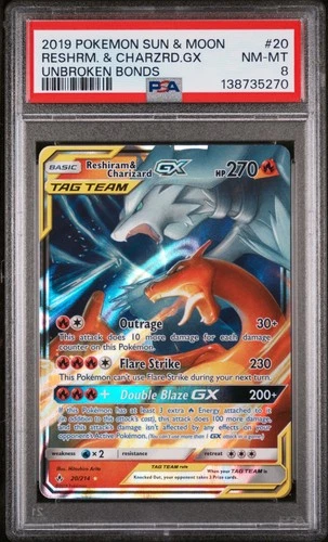 2019 POKEMON SUN & MOON UNBROKEN BONDS #20 RESHIRAM & CHARIZARD GX PSA 8
