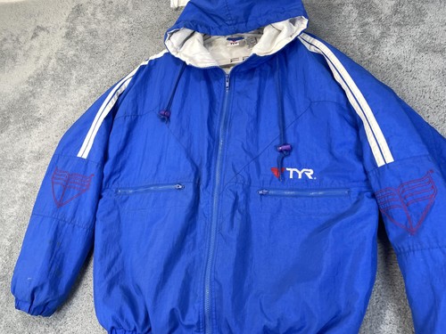 Vintage TYR Jacket Mens Large Blue Hooded Swim Warm Up Nylon 90s Windbreaker