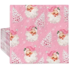 AnyDesign 80 Pack Pink Christmas Napkins Santa Xmas Tree Disposable Na
