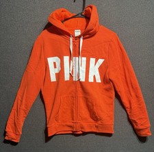 PINK Victoria's Secret Women Hoodie M Orange Fleece Lettering Activewear Zipper