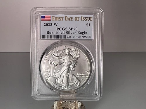 2023-W Burnished $1 American Silver Eagle PCGS SP70 FS Flag Label 1 oz .999 1oz