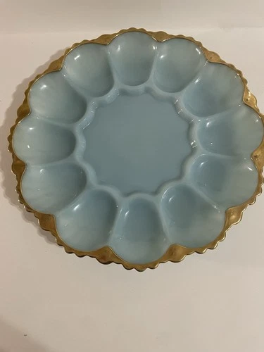 Vintage Anchor Hocking Delphite Blue Deviled Egg Serving Dish Plate Easter