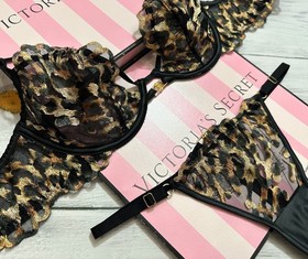 Victoria&rsquo;s Secret Leopard Embroidery Unlined Low-Cut Demi Bra Thong Set