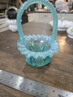 Vintage Fenton Teal Aqua Opalescent Carnival Glass Hobstar Feather Basket 6"