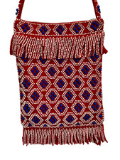 Vintage Shoulder Bag Beaded Purse Red White Blue Fringe Boho Zip Close Hong Kong