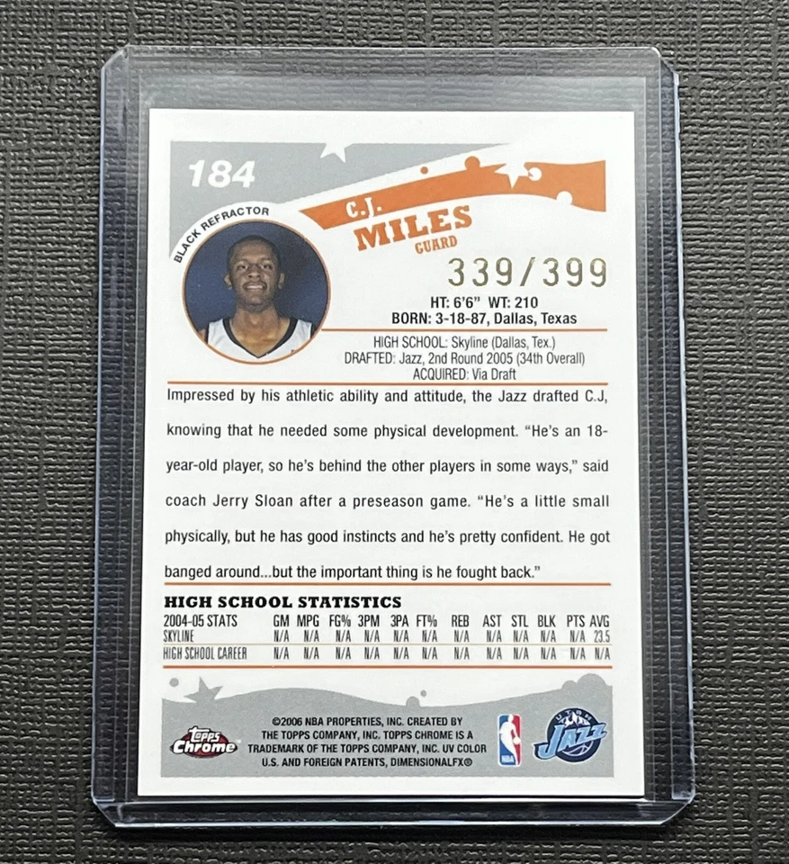 2005-06 Topps Chrome Black Refractors 🔥🔥 /399 C.J. Miles Jazz Basketball #184 - Image 2 of 4