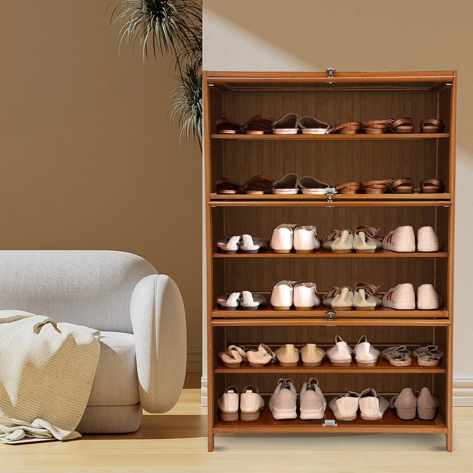 Shoe Organizer 6-Tier Storage Cabinet w/ 3 Flip-up Door 32" Entryway Bamboo - Image 3 of 4