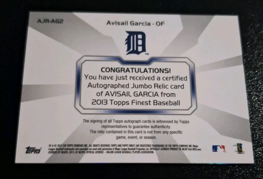 2013 TOPPS FINEST JUMBO RELIC ROOKIE AUTO SP #AJR-AG2 AVISAIL GARCIA RC TIGERS - Image 2 of 2