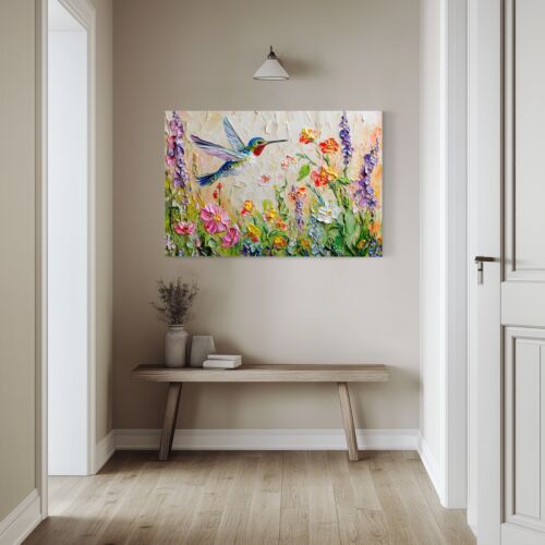 Bonita impresión de pintura sobre lienzo de arte de pared de colibrí y flores silvestres de primavera - Imagen 10 de 11