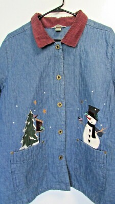 Women Size X Denim Blue Jean Holiday Snowman Button LS Jacket C J BANKS