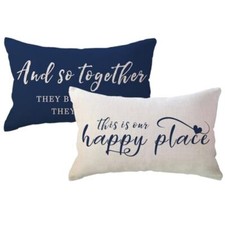 Home Saying Throw Pillow Covers with Our Happy Place Quote Rustic Blue