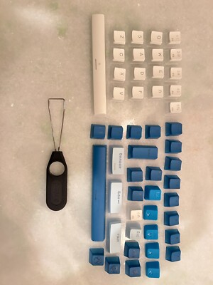 49 blue, white and dark blue keycaps. Also one keycap puller.