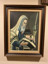RABBI AND SON, SUKKOT, ORIGINAL OIL ON CANVAS by BEN MEIR