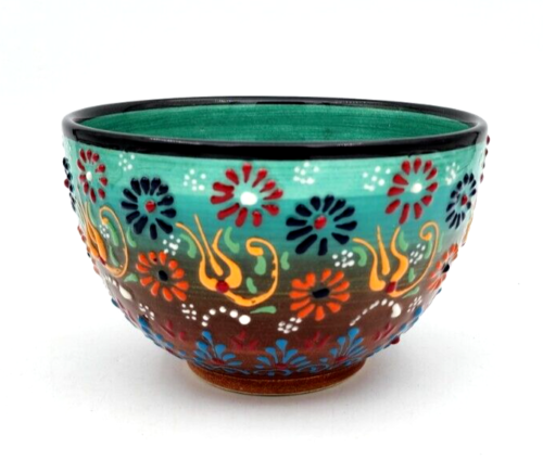 Deep Ceramic Bowl 28oz Handmade Japanese ramen Bowl Turkish Floral Green Bowl 6" - Picture 1 of 6