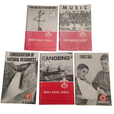 Lot 5 Vintage 1960s Merit Badge Series Books First Aid Weather Music Conoeing