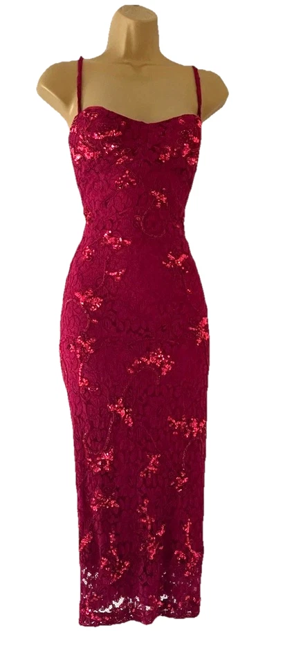 KAREN MILLEN VINTAGE Y2K RED GLAMOUR SEQUIN BEADED BODYCON DRESS UK 14 (US 10) - image 2 of 4