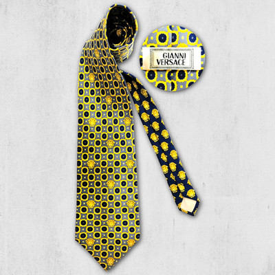 Vintage Gianni Versace Seidenkrawatte Medusa Muster Gelb Grau Silk Tie 90s Italo