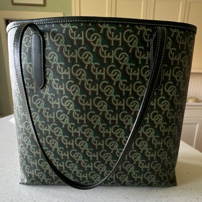 Coach Green Monogram Tote with Shoulder Strap and Brown Accent