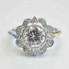 14K White Gold Finish 2.34CT Round Lab Created Diamond Vintage Floral Halo Ring