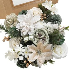 Christmas Artificial Flowers Set with White Poinsettia, Fake Roses and Greene...