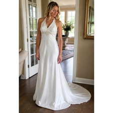 David's Bridal Oleg Cassini White Halter Neck Beaded High Low Wedding Dress 6