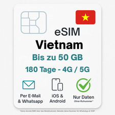 Vietnam eSIM bis zu 50 GB Datentarif digitale e SIM - per Mail - INTERNET